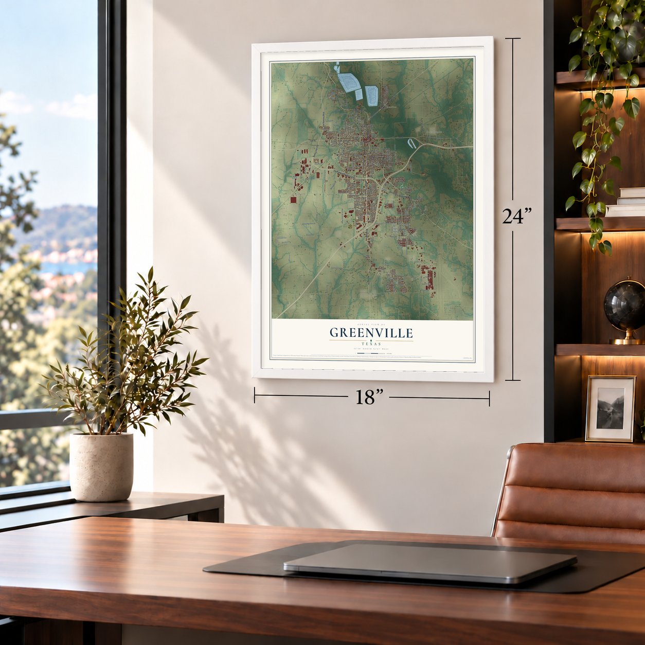 Greenville, Texas map, 18 x 24 inch print in a white frame in a home office