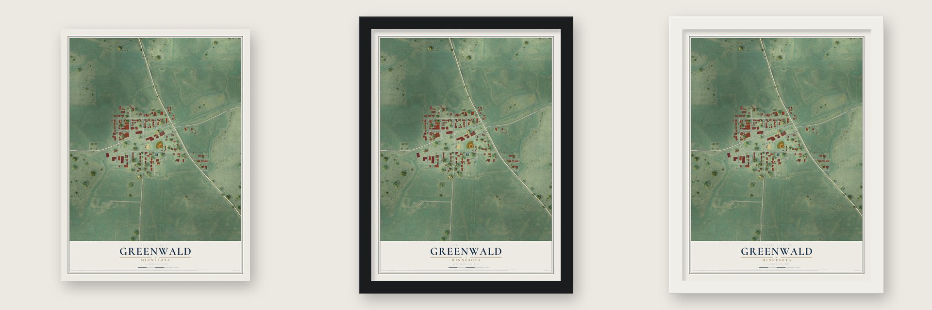 Greenwald, Minnesota map unframed, in a black wood frame and in a white wood frame