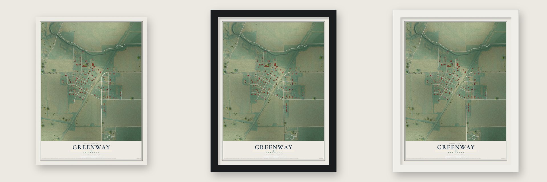 Greenway, Arkansas map unframed, in a black wood frame and in a white wood frame