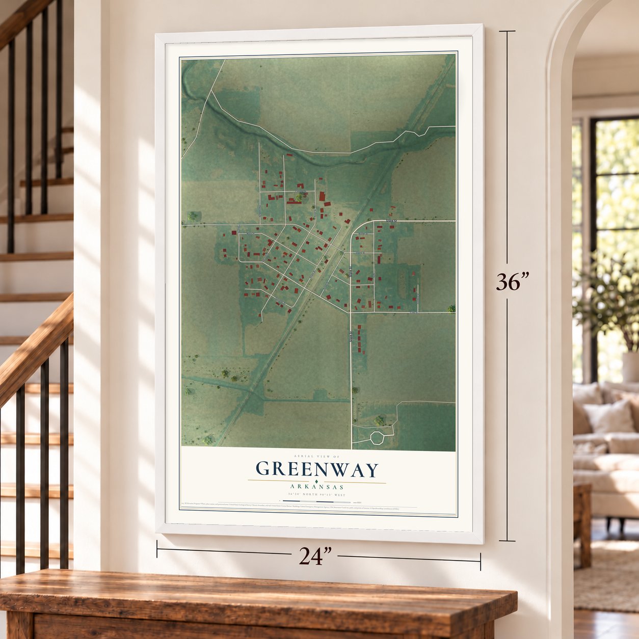 Greenway, Arkansas map, 24 x 36 inch print in a white frame by a staircase