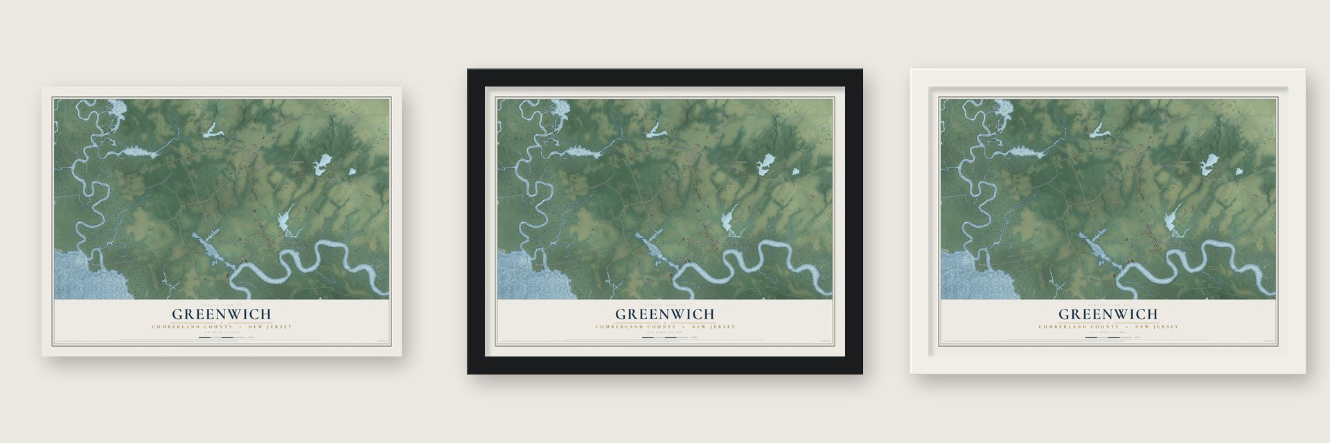 Greenwich, Cumberland County, New Jersey map unframed, in a black wood frame and in a white wood frame