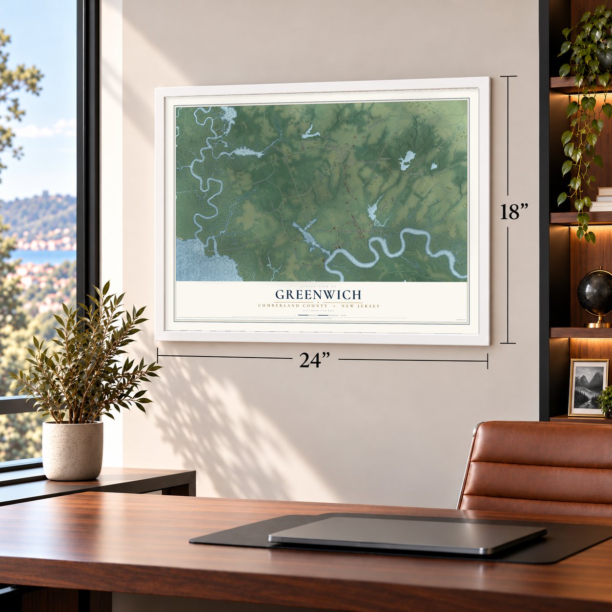 Greenwich, Cumberland County, New Jersey map, 18 x 24 inch print in a white frame in a home office