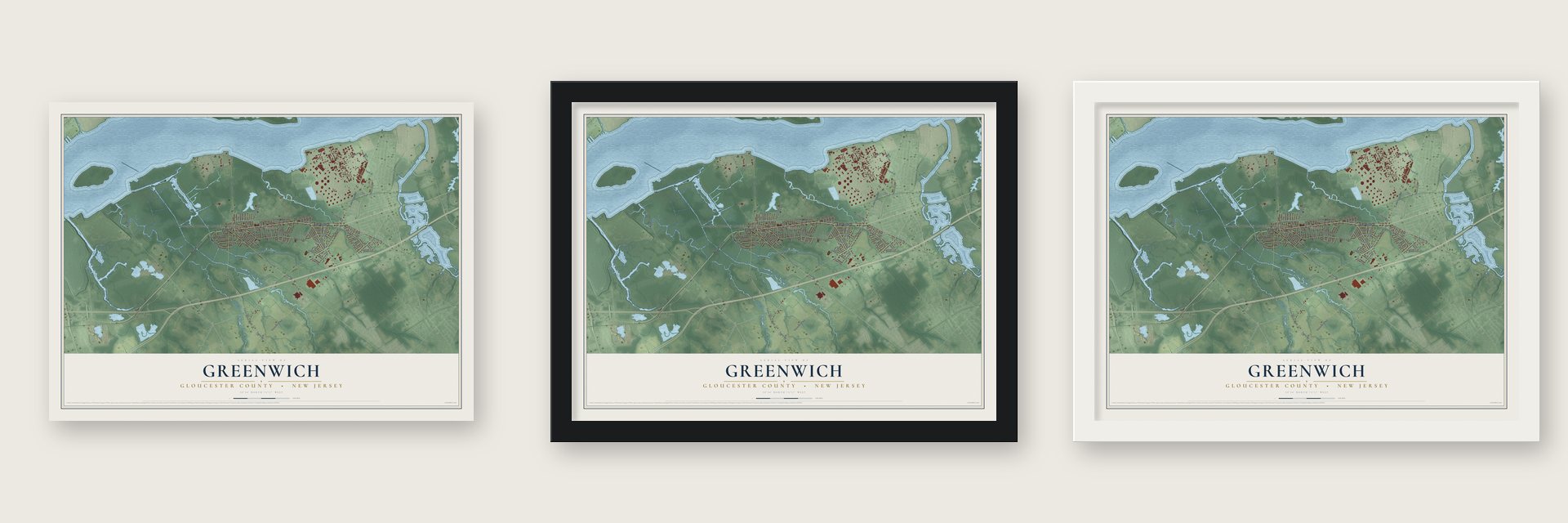 Greenwich, Gloucester County, New Jersey map unframed, in a black wood frame and in a white wood frame