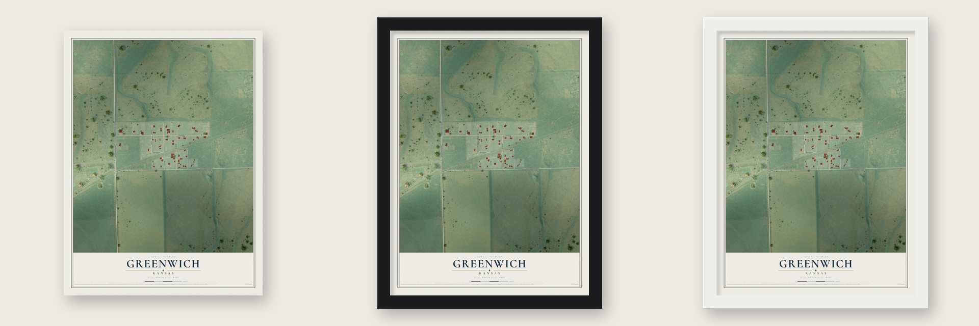 Greenwich, Kansas map unframed, in a black wood frame and in a white wood frame