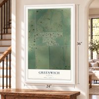 Greenwich, Kansas map, 24 x 36 inch print in a white frame by a staircase