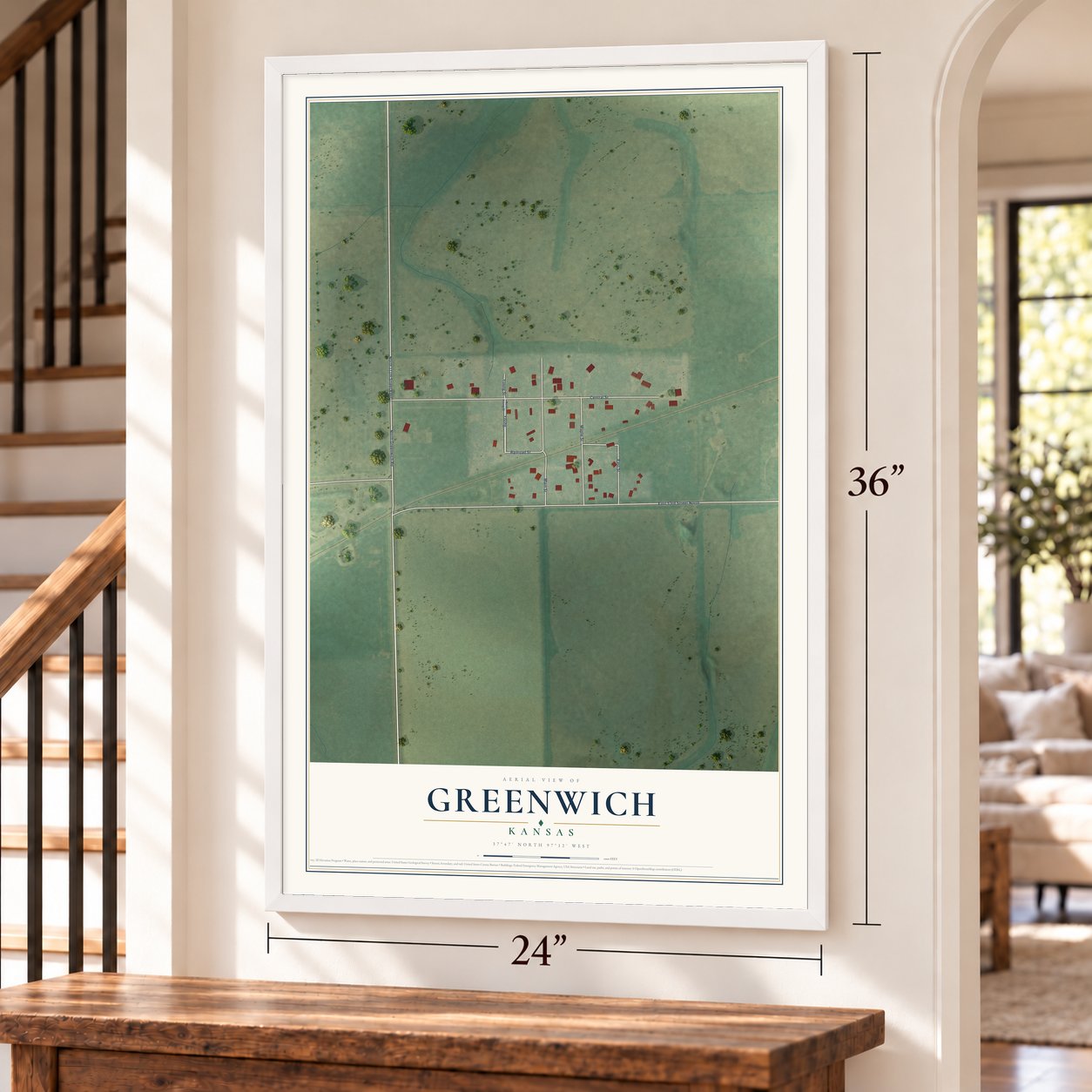 Greenwich, Kansas map, 24 x 36 inch print in a white frame by a staircase