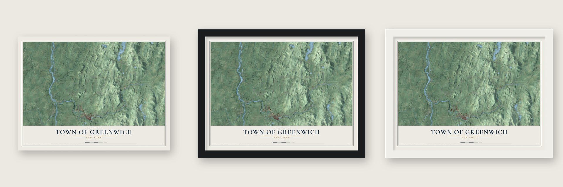 Town of Greenwich, New York map unframed, in a black wood frame and in a white wood frame