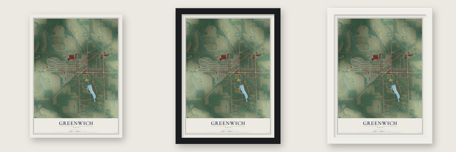 Greenwich, Ohio map unframed, in a black wood frame and in a white wood frame