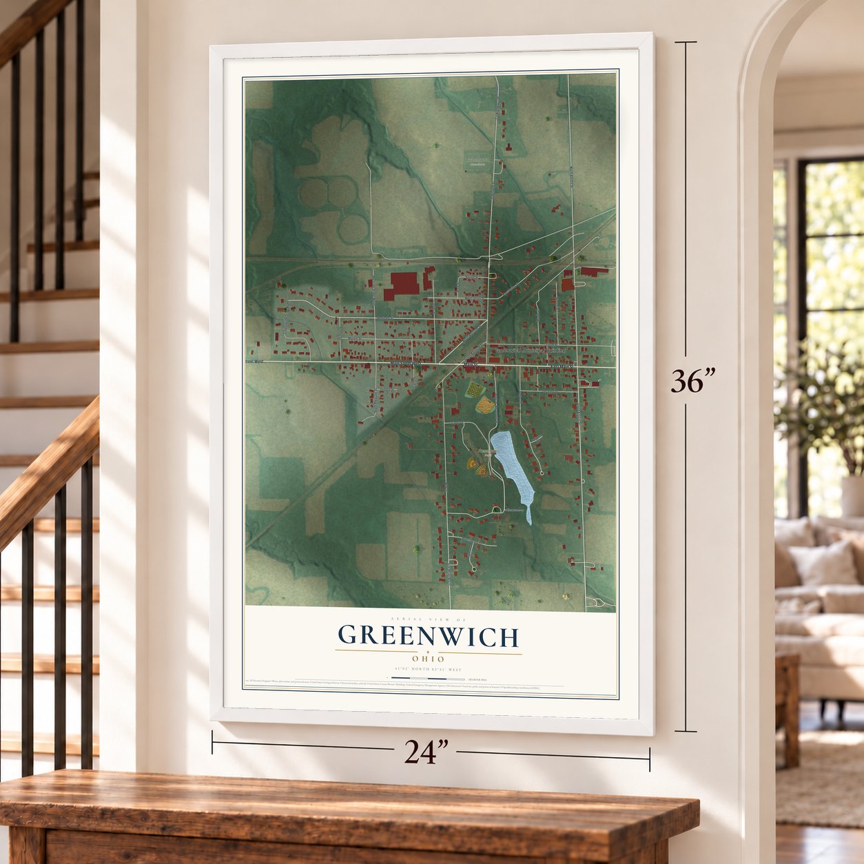 Greenwich, Ohio map, 24 x 36 inch print in a white frame by a staircase