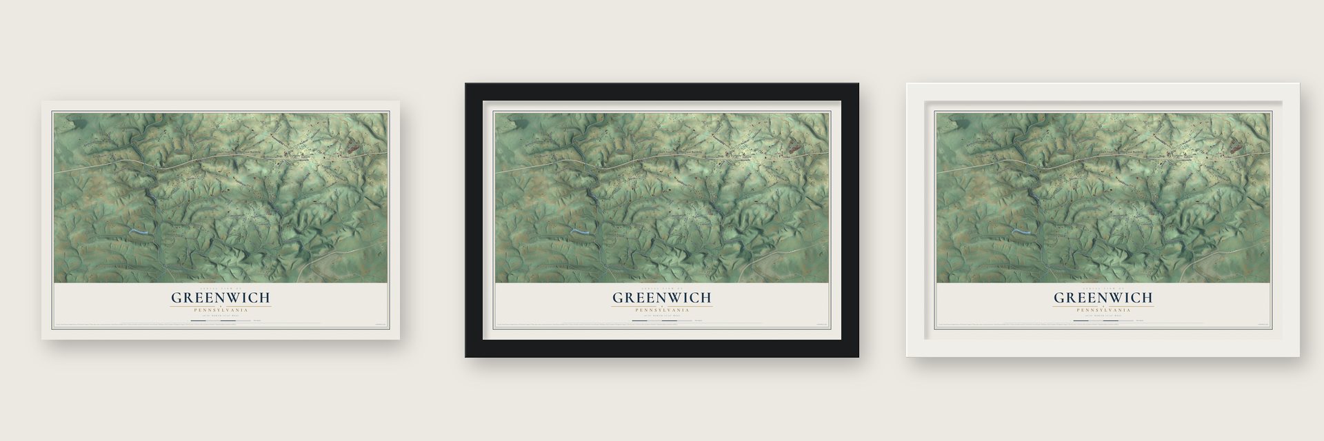 Greenwich, Pennsylvania map unframed, in a black wood frame and in a white wood frame