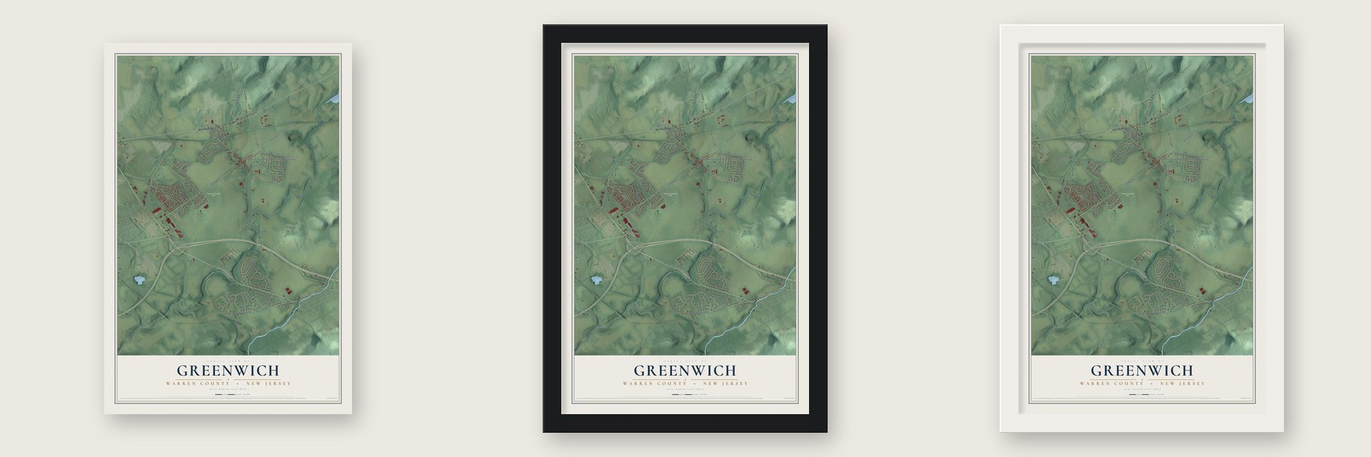 Greenwich, Warren County, New Jersey map unframed, in a black wood frame and in a white wood frame