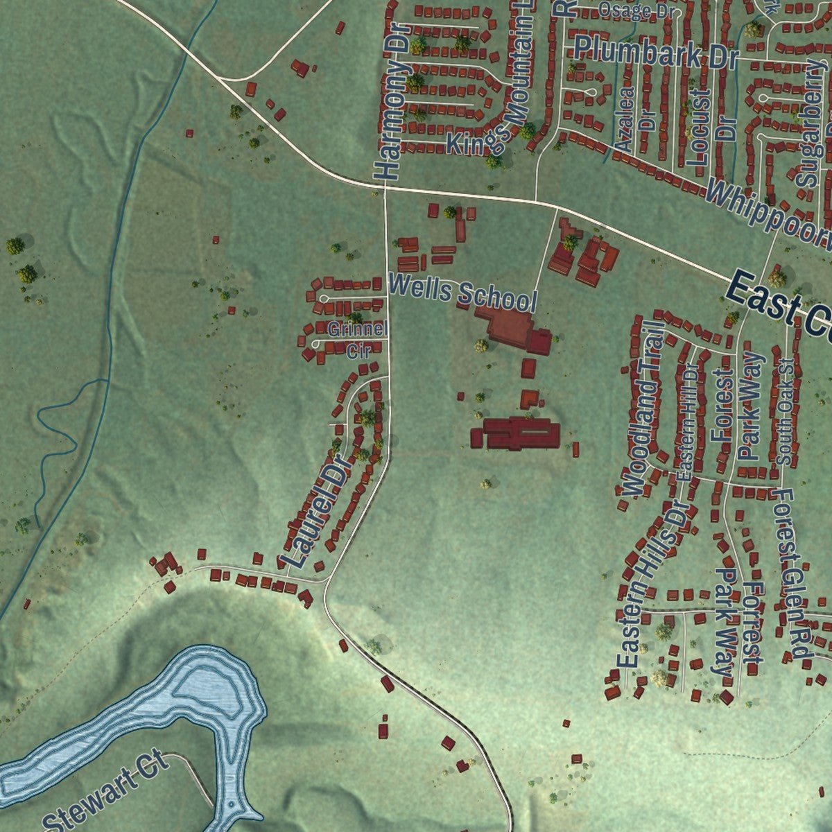 Second close-up of the map of Greenwood, Arkansas print showing more streets and buildings