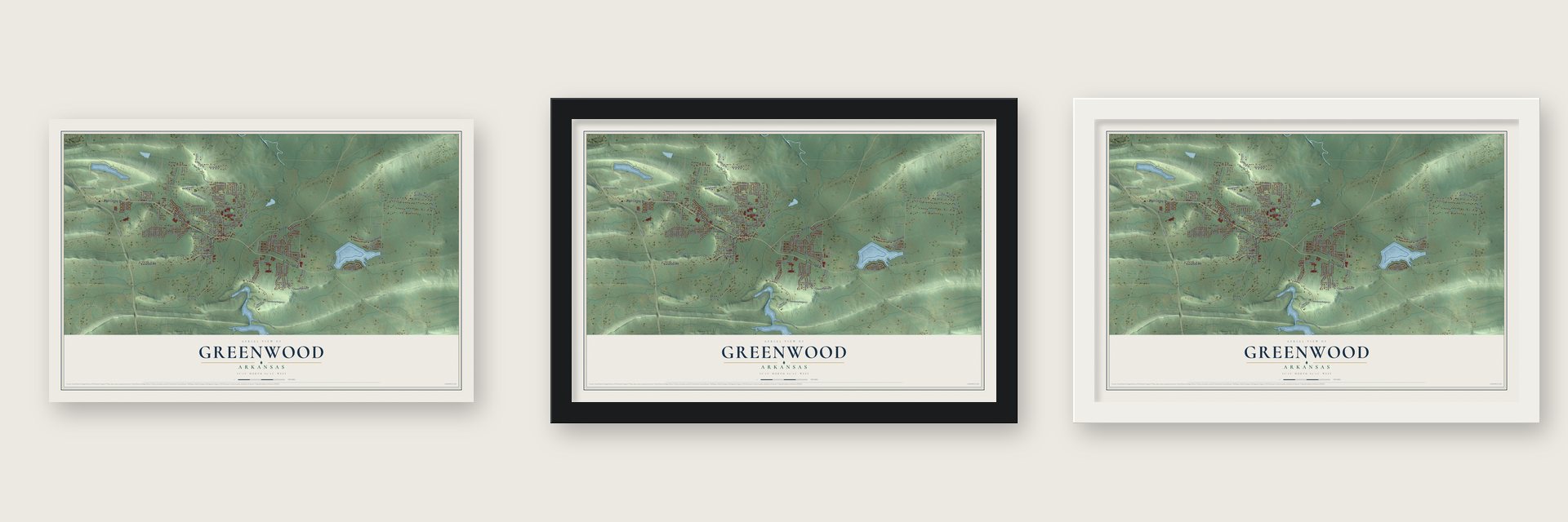 Greenwood, Arkansas map unframed, in a black wood frame and in a white wood frame