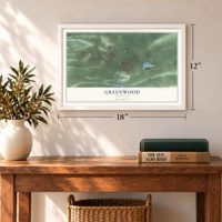 Greenwood, Arkansas map, 12 x 18 inch print in a white frame in an entryway