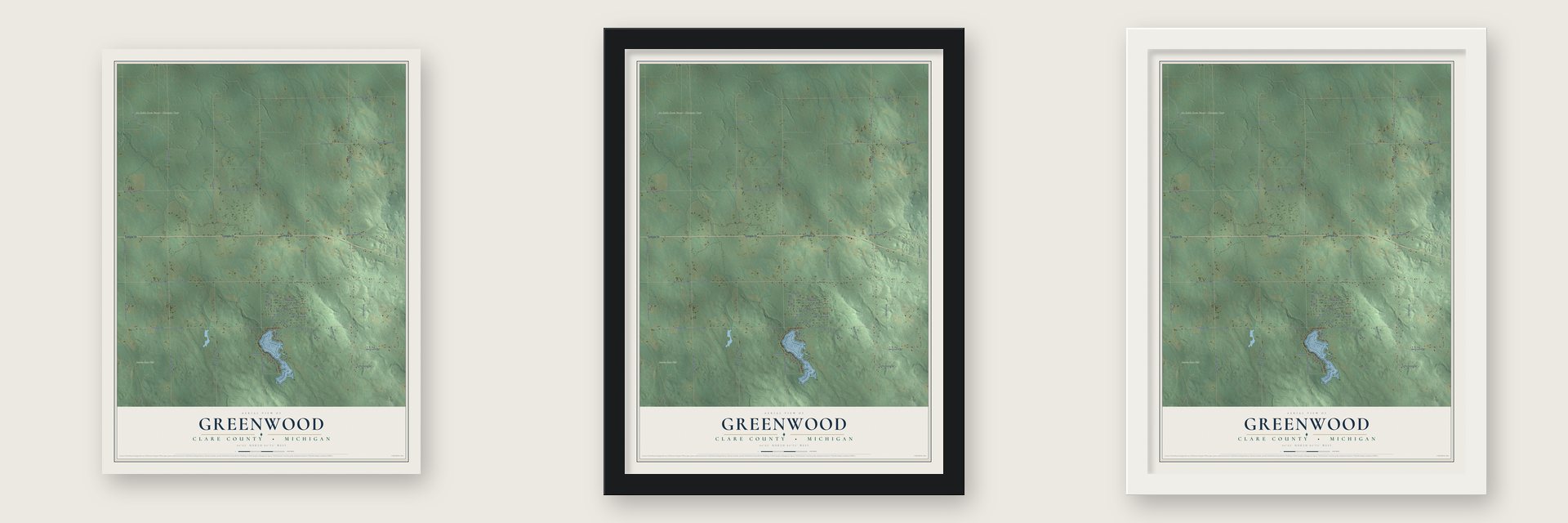 Greenwood, Clare County, Michigan map unframed, in a black wood frame and in a white wood frame