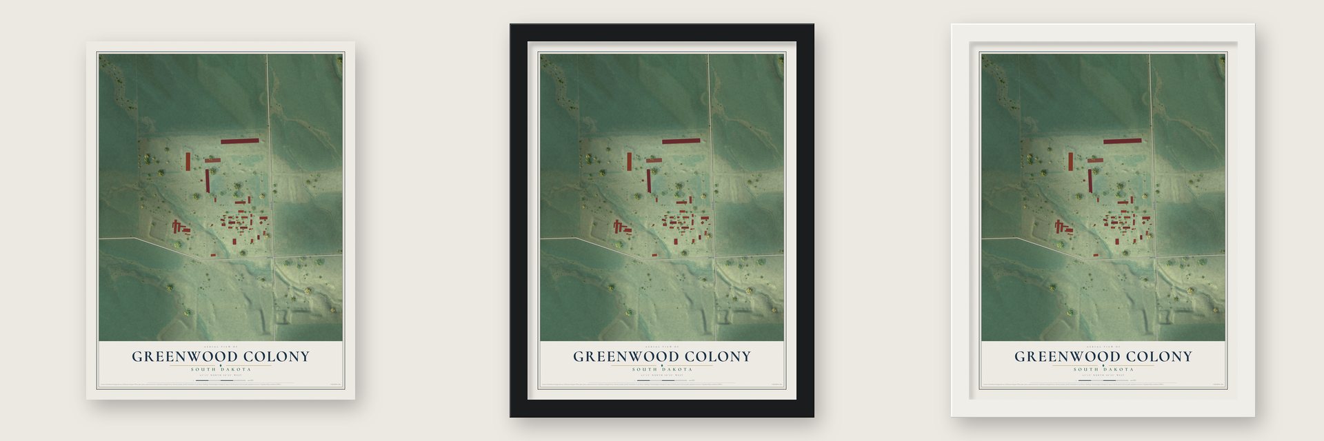 Greenwood Colony, South Dakota map unframed, in a black wood frame and in a white wood frame