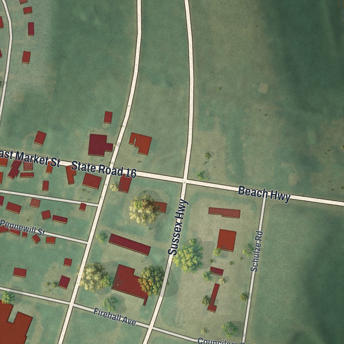 Second close-up of the map of Greenwood, Delaware print showing more streets and buildings