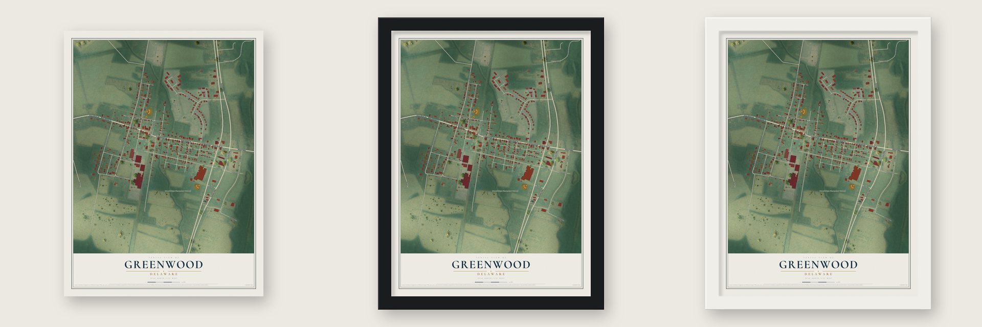 Greenwood, Delaware map unframed, in a black wood frame and in a white wood frame