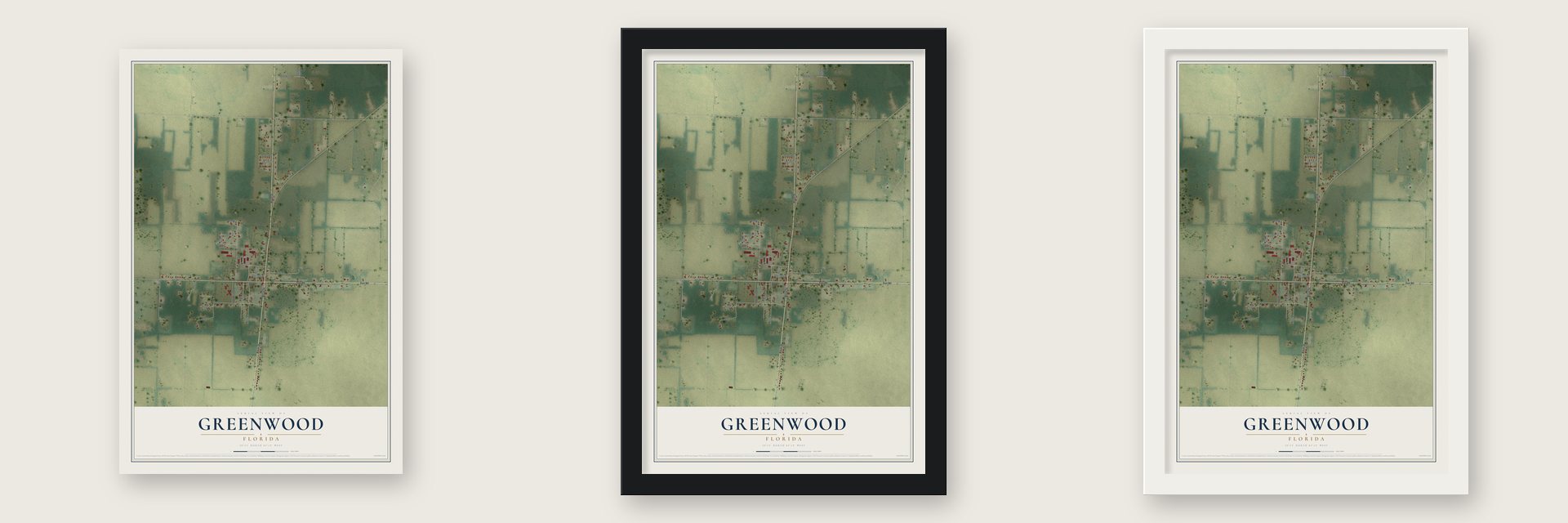 Greenwood, Florida map unframed, in a black wood frame and in a white wood frame