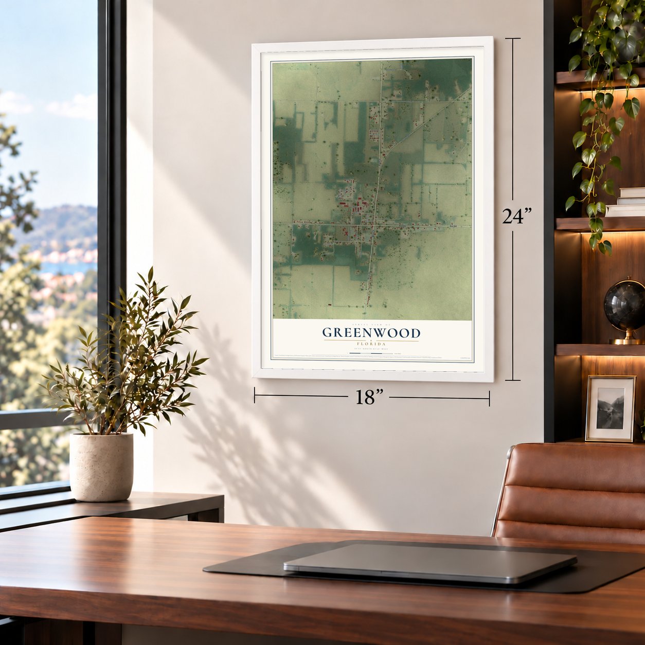 Greenwood, Florida map, 18 x 24 inch print in a white frame in a home office