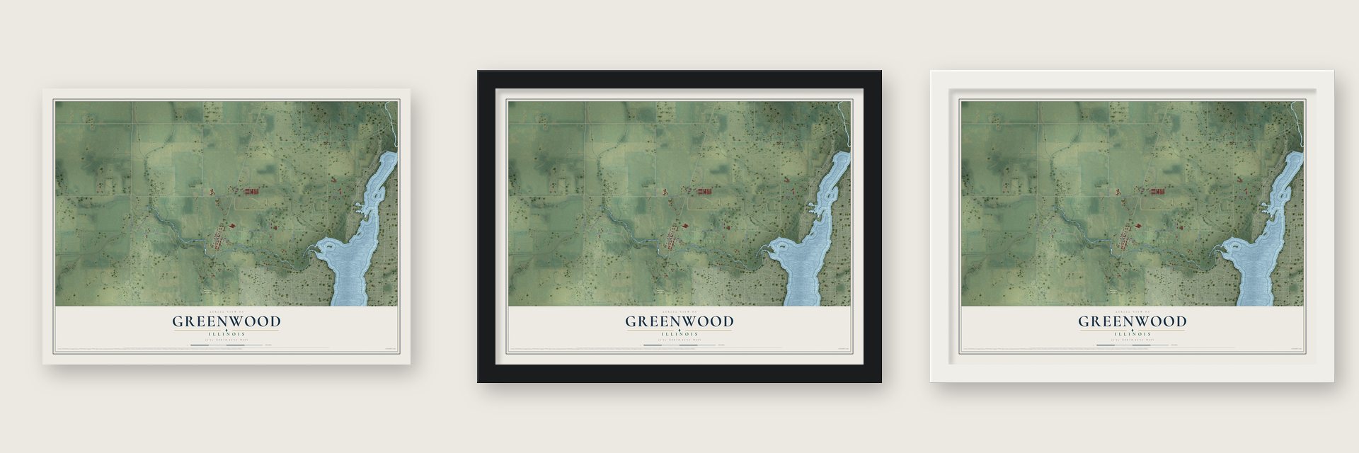 Greenwood, Illinois map unframed, in a black wood frame and in a white wood frame