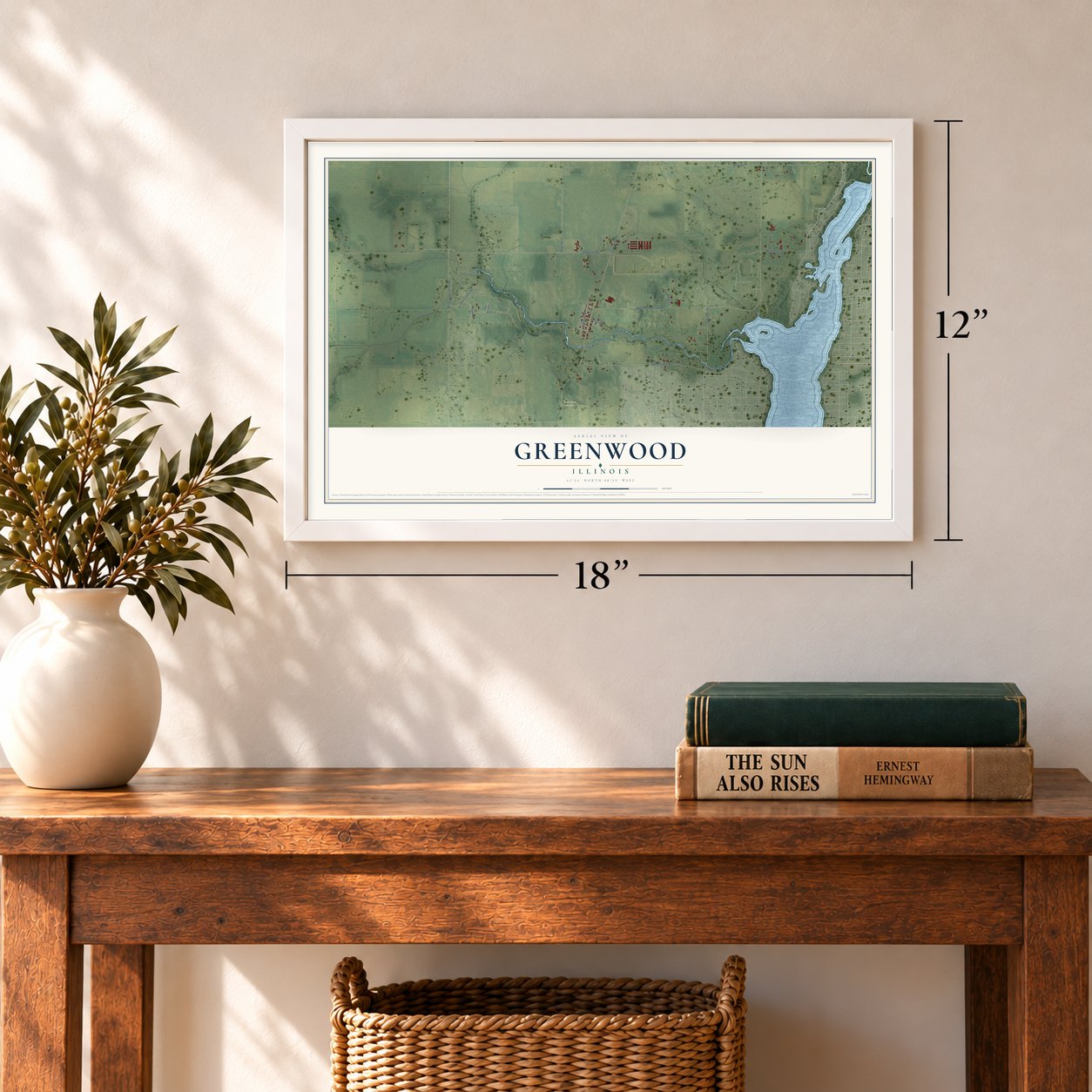 Greenwood, Illinois map, 12 x 18 inch print in a white frame in an entryway