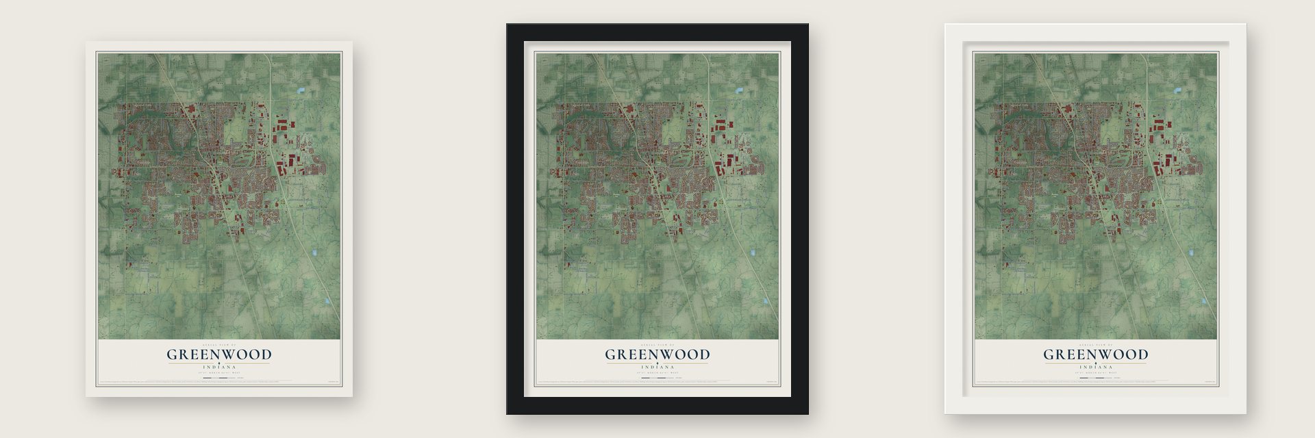 Greenwood, Indiana map unframed, in a black wood frame and in a white wood frame