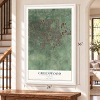 Greenwood, Indiana map, 24 x 36 inch print in a white frame by a staircase
