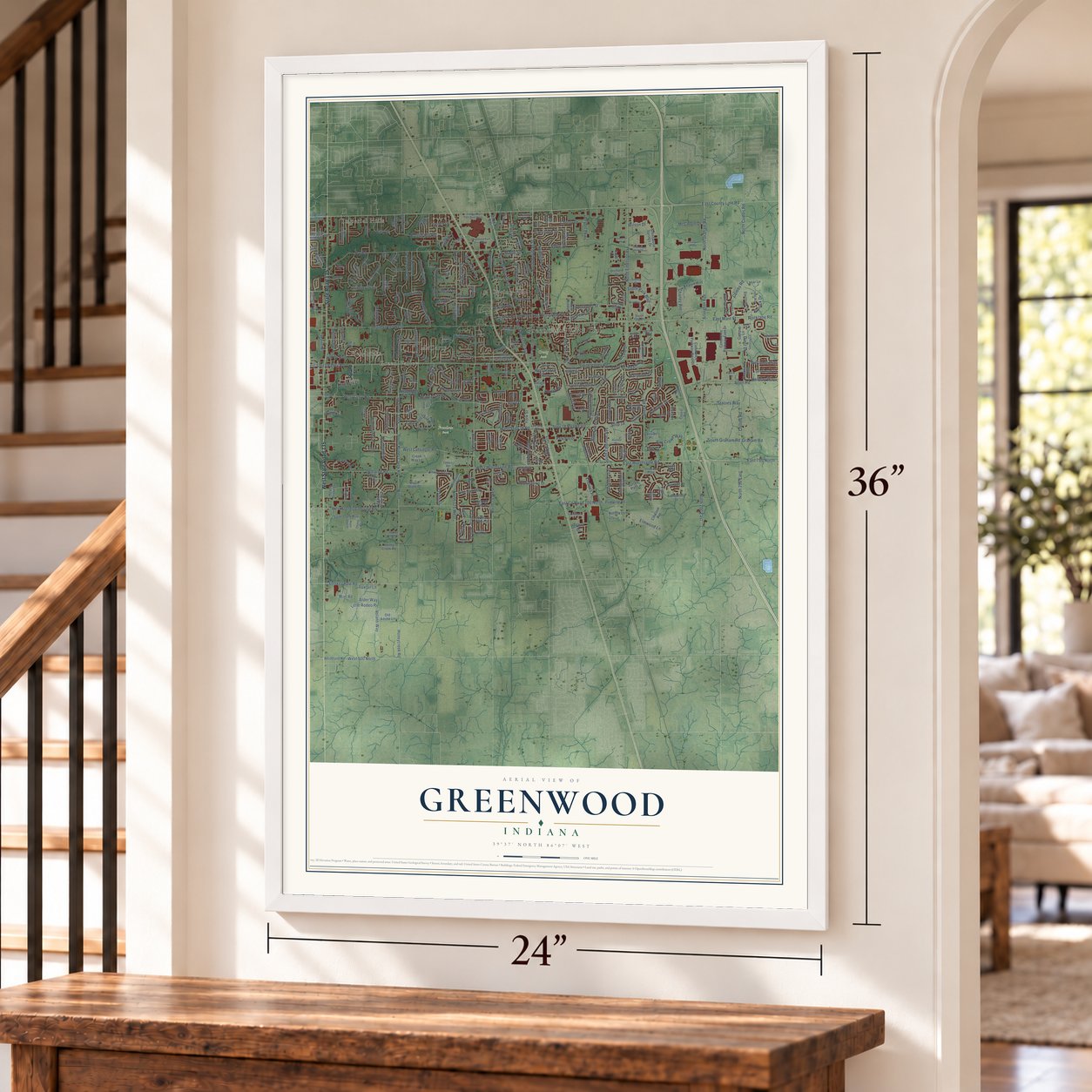 Greenwood, Indiana map, 24 x 36 inch print in a white frame by a staircase