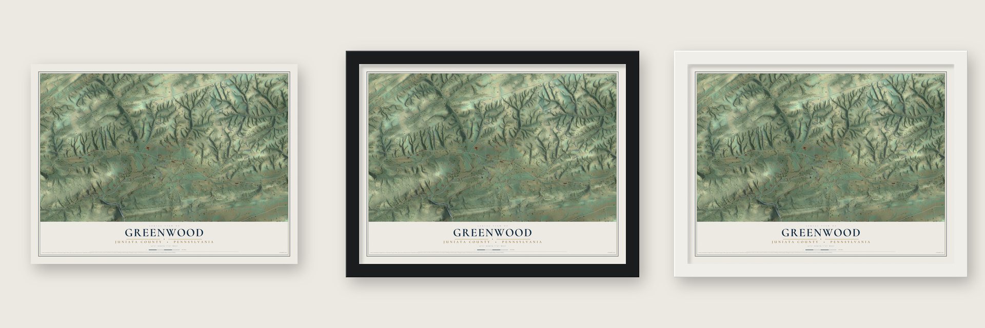 Greenwood, Juniata County, Pennsylvania map unframed, in a black wood frame and in a white wood frame