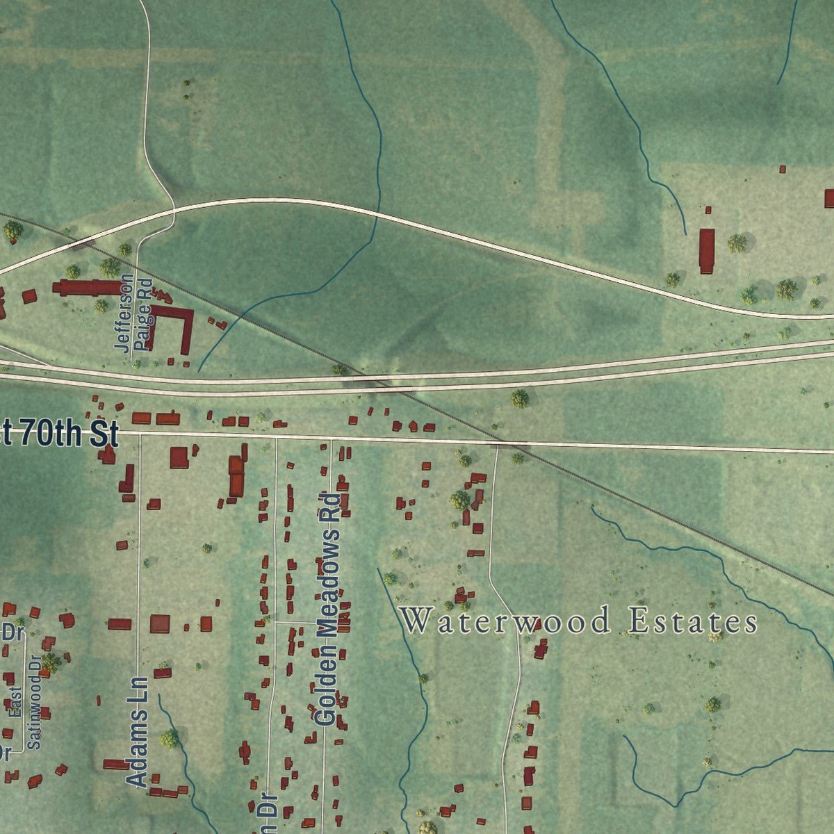 Second close-up of the map of Greenwood, Louisiana print showing more streets and buildings