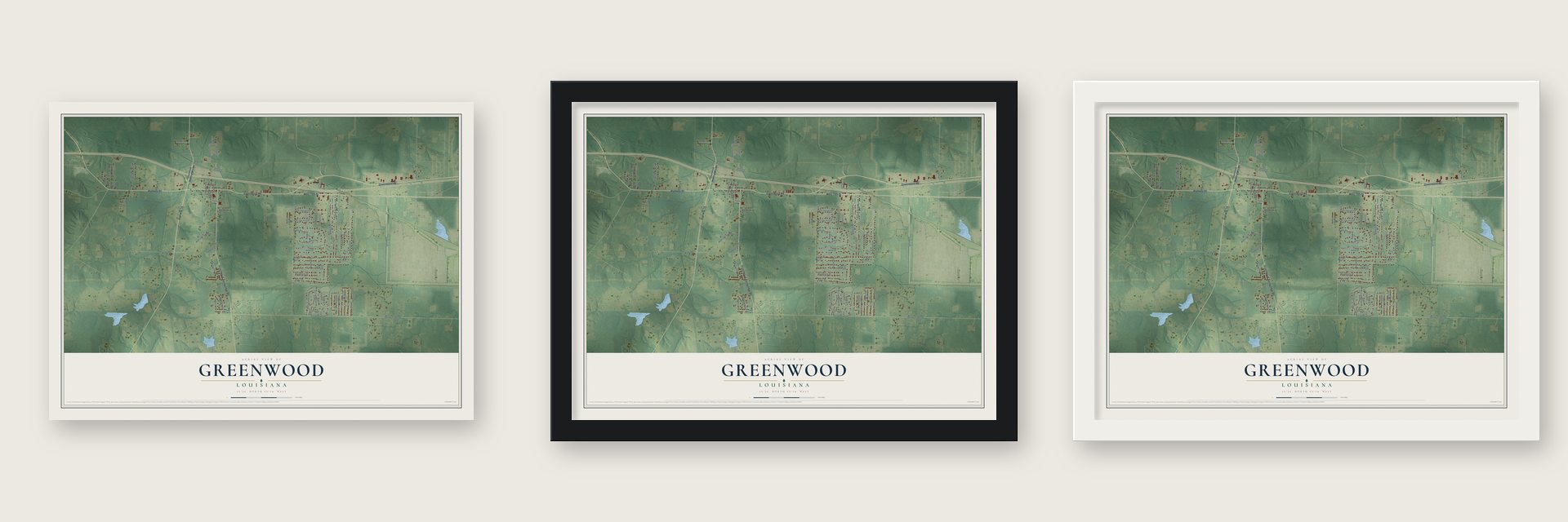 Greenwood, Louisiana map unframed, in a black wood frame and in a white wood frame