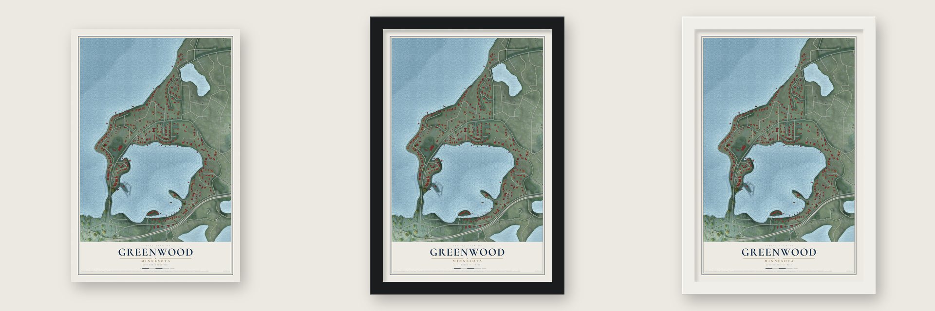 Greenwood, Minnesota map unframed, in a black wood frame and in a white wood frame