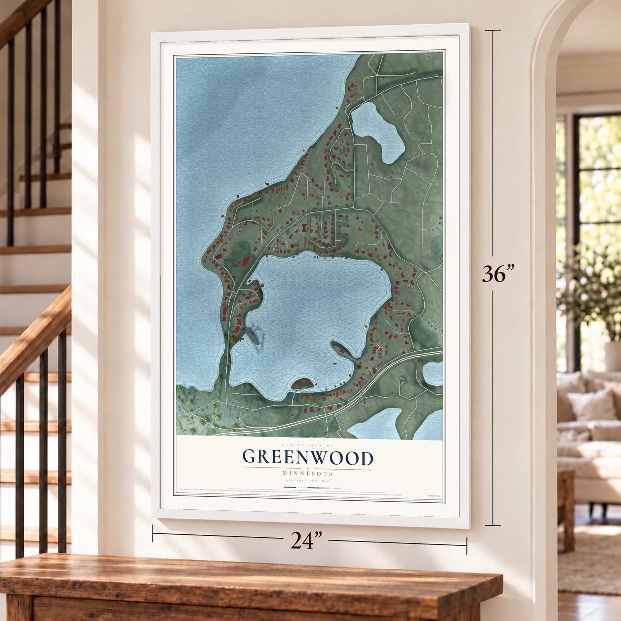 Greenwood, Minnesota map, 24 x 36 inch print in a white frame by a staircase