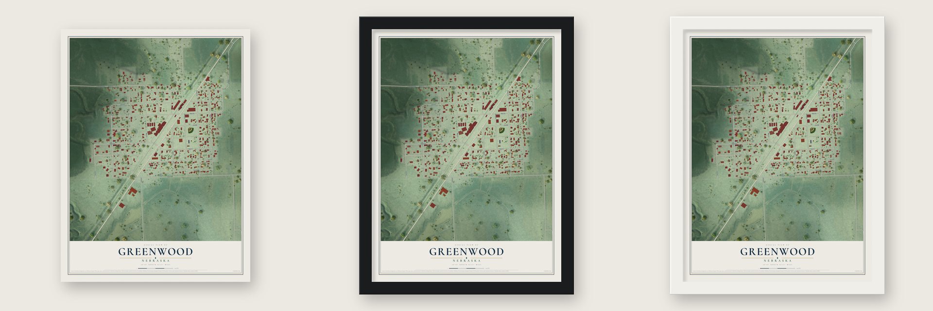 Greenwood, Nebraska map unframed, in a black wood frame and in a white wood frame