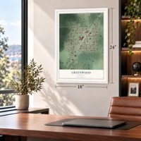 Greenwood, Nebraska map, 18 x 24 inch print in a white frame in a home office