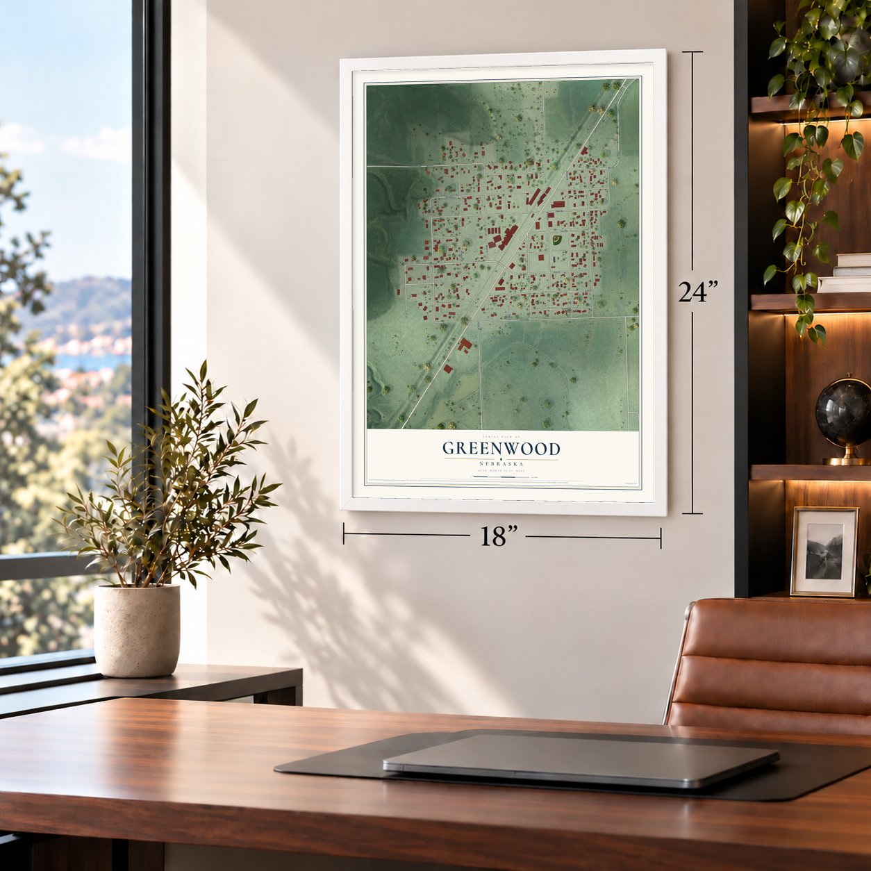 Greenwood, Nebraska map, 18 x 24 inch print in a white frame in a home office