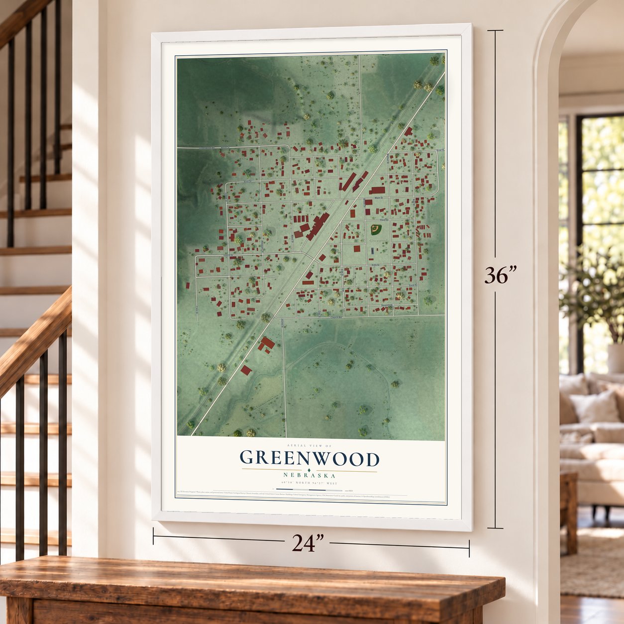 Greenwood, Nebraska map, 24 x 36 inch print in a white frame by a staircase