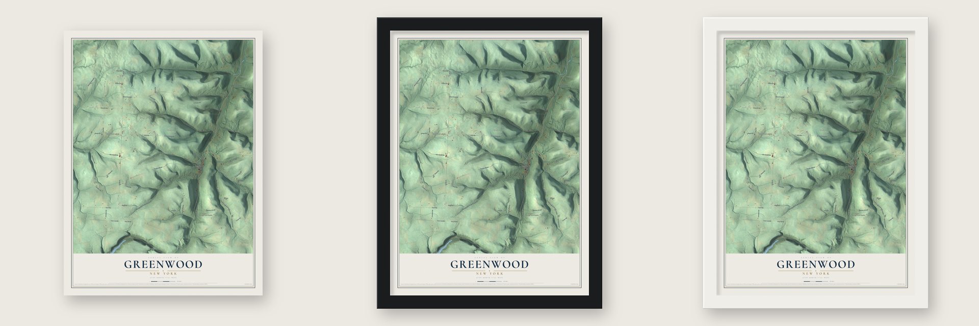 Greenwood, New York map unframed, in a black wood frame and in a white wood frame