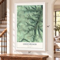 Greenwood, New York map, 24 x 36 inch print in a white frame by a staircase