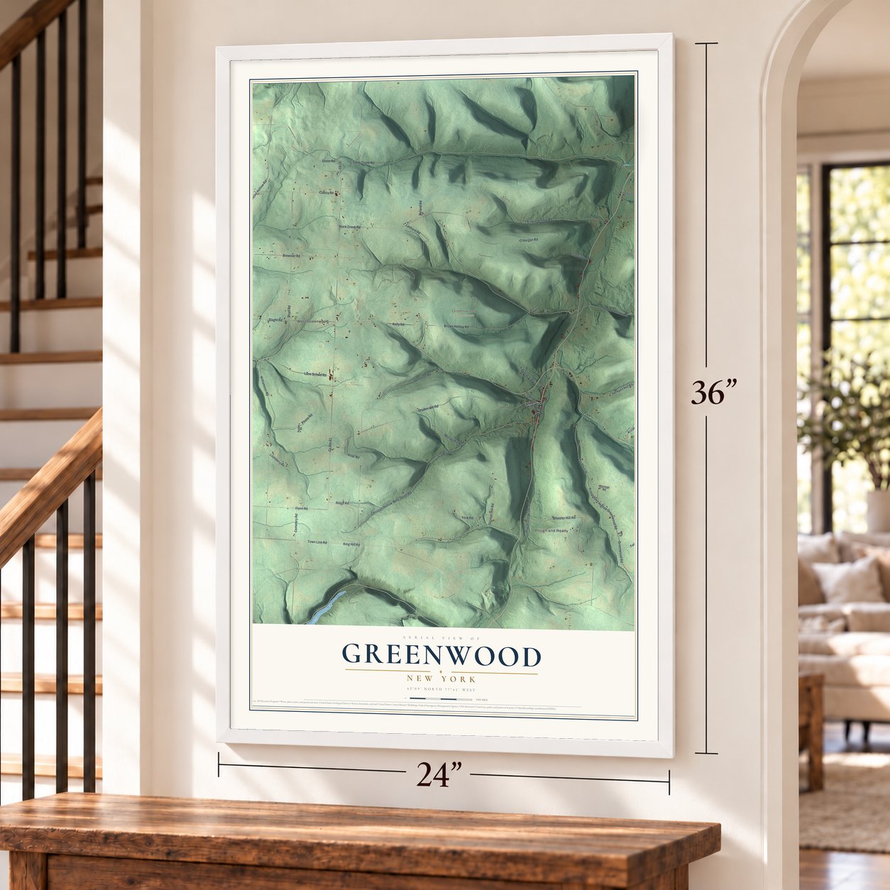 Greenwood, New York map, 24 x 36 inch print in a white frame by a staircase