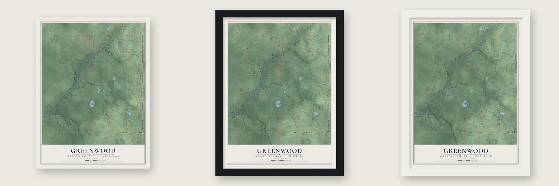 Greenwood, Oceana County, Michigan map unframed, in a black wood frame and in a white wood frame