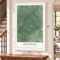 Greenwood, Oceana County, Michigan map, 24 x 36 inch print in a white frame by a staircase