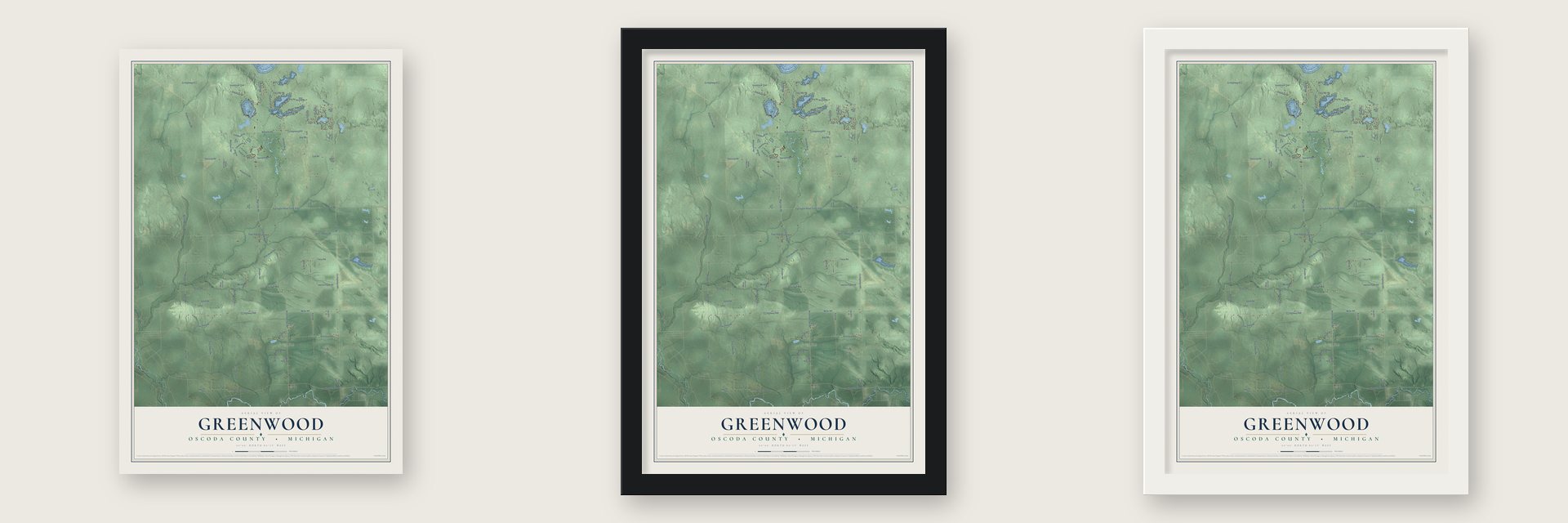 Greenwood, Oscoda County, Michigan map unframed, in a black wood frame and in a white wood frame