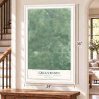 Greenwood, Oscoda County, Michigan map, 24 x 36 inch print in a white frame by a staircase