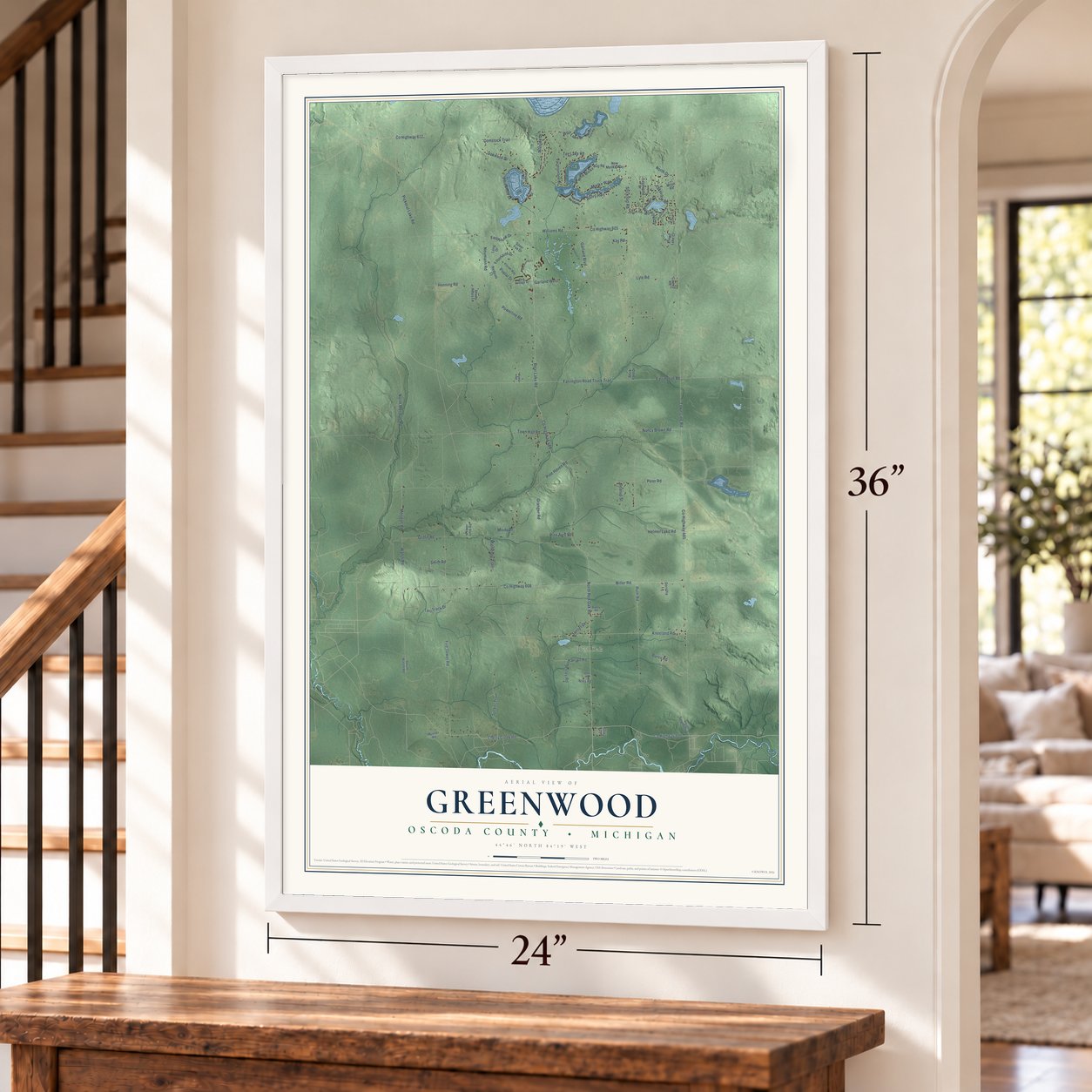 Greenwood, Oscoda County, Michigan map, 24 x 36 inch print in a white frame by a staircase