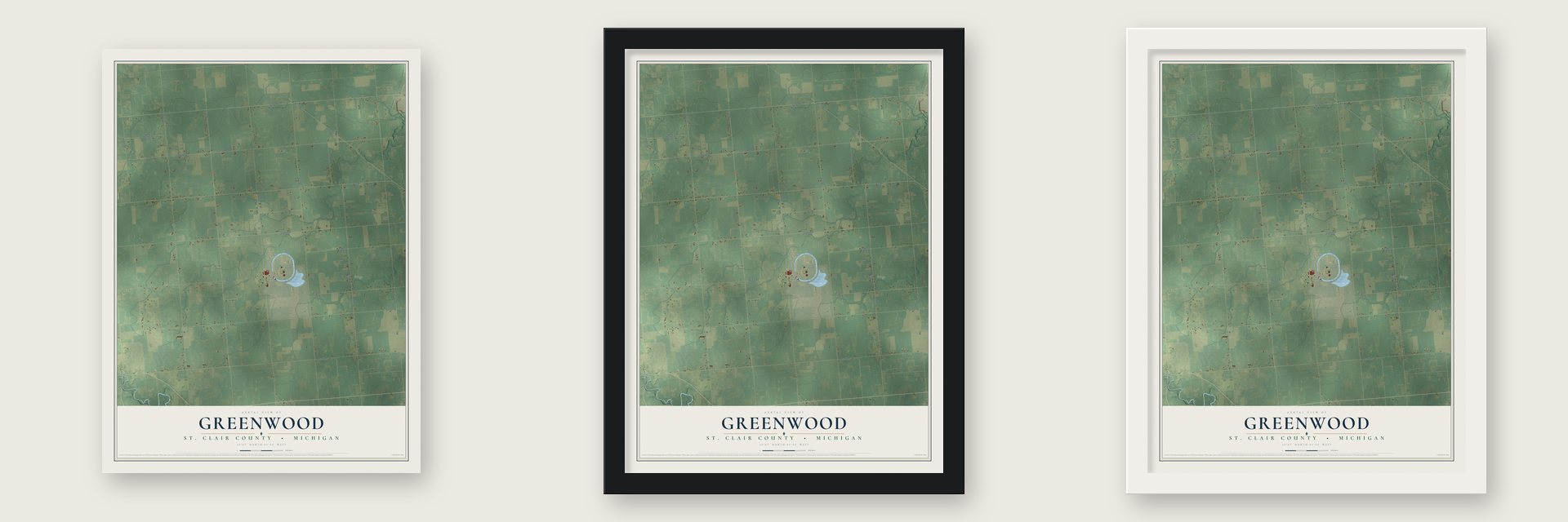 Greenwood, St. Clair County, Michigan map unframed, in a black wood frame and in a white wood frame