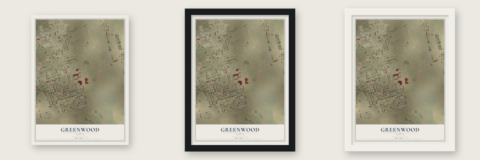 Greenwood, Texas map unframed, in a black wood frame and in a white wood frame