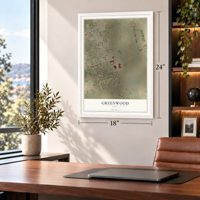 Greenwood, Texas map, 18 x 24 inch print in a white frame in a home office