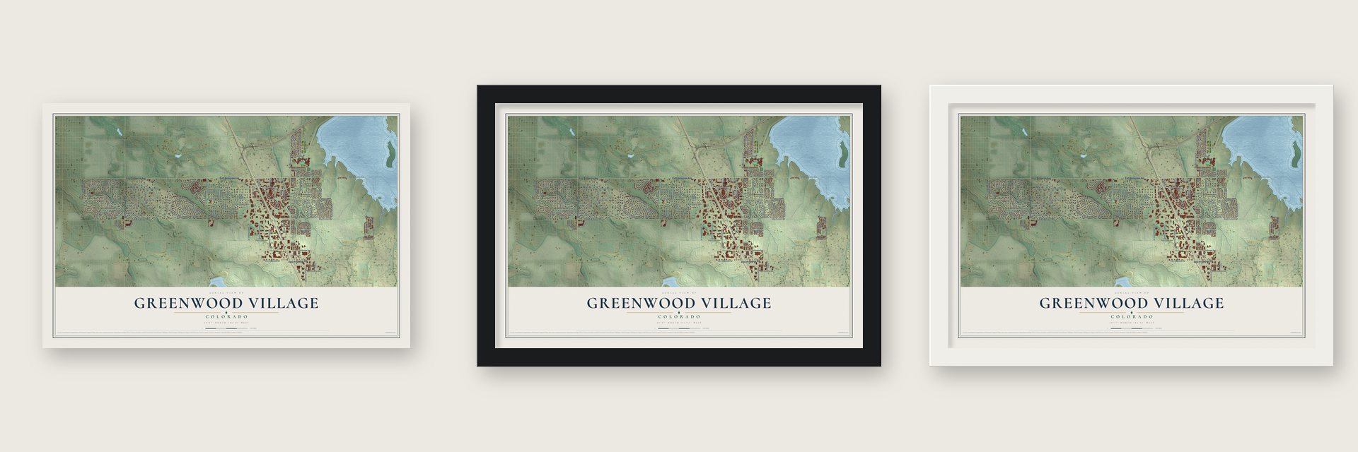 Greenwood Village, Colorado map unframed, in a black wood frame and in a white wood frame
